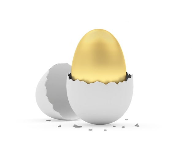 Casca de ovo quebrada com ouro um ovo inteiro dentro.