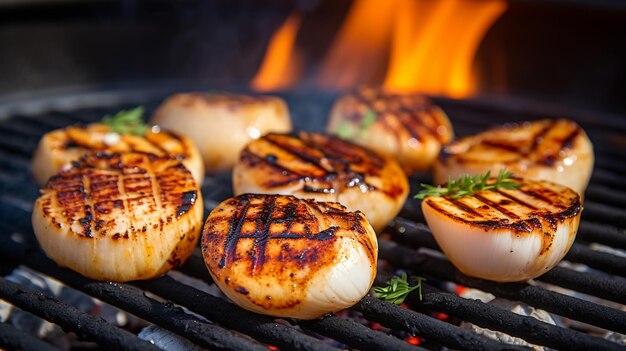 Cascabelas a la parrilla con salsa cremosa de limón picante y hierbas sobre fondo negro