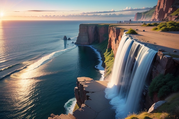 Una cascada en un acantilado con el sol poniéndose detrás