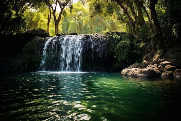 Cascada de agua cristalina que cae en cascada en una piscina debajo