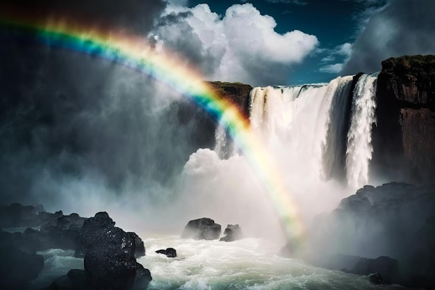 Cascada con agua que cae desde arriba y un colorido arco iris en la niebla