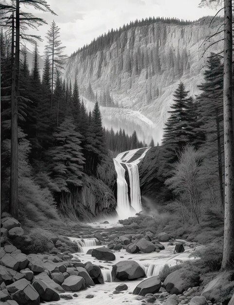 una cascada con altos abetos que conducen a las montañas del bosque que oscurecen el cielo