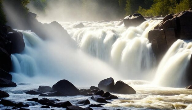 una cascada con un árbol en el fondo y el agua fluye sobre ella