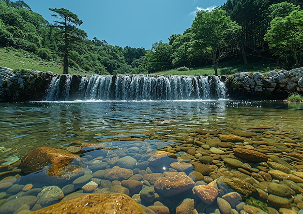 Foto una cascada con un árbol en el medio