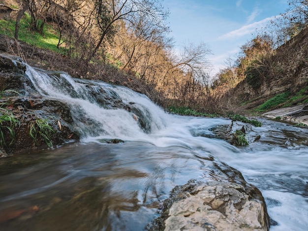 Una cascada en un arroyo con árboles al fondo