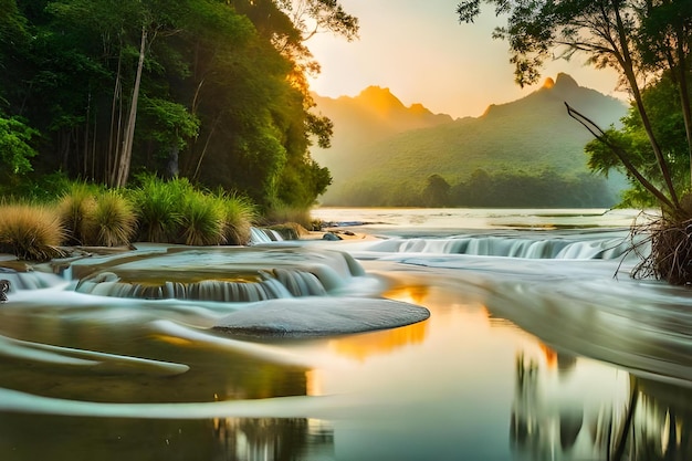 Una cascada con un atardecer de fondo