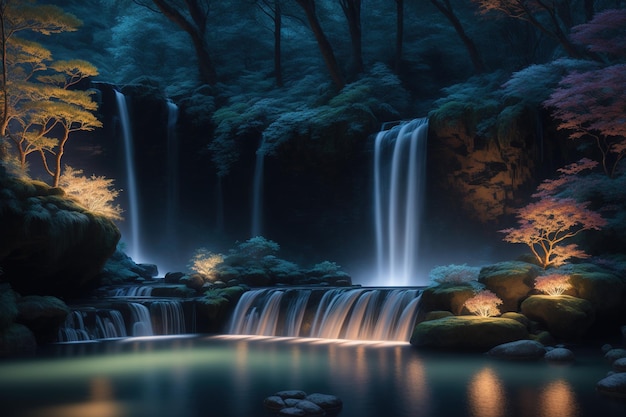 Una cascada en el bosque con un árbol al fondo