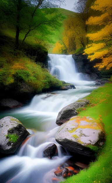 Una cascada en el bosque con un árbol amarillo en el fondo