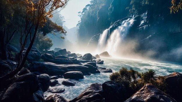 Una cascada en el bosque con árboles y agua.