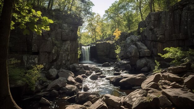 Una cascada en el bosque con árboles al fondo.