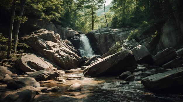 Una cascada en el bosque con árboles al fondo.