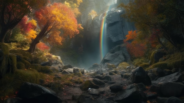 Una cascada en el bosque con un arco iris de fondo