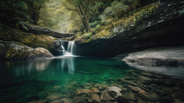 Una cascada en un bosque con un bosque verde al fondo