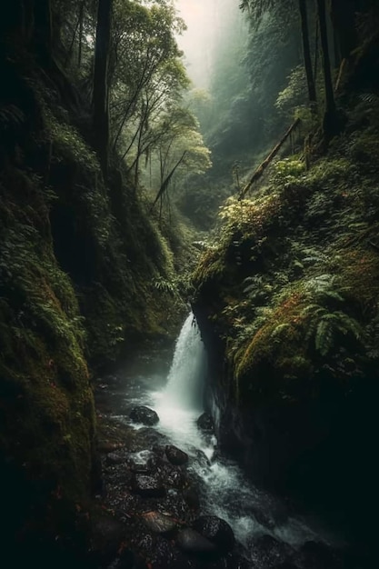 Una cascada en un bosque con un bosque verde detrás.