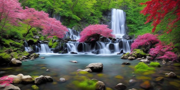 Una cascada en un bosque con cascada y flores.