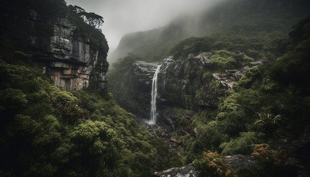 Una cascada en el bosque con un cielo brumoso