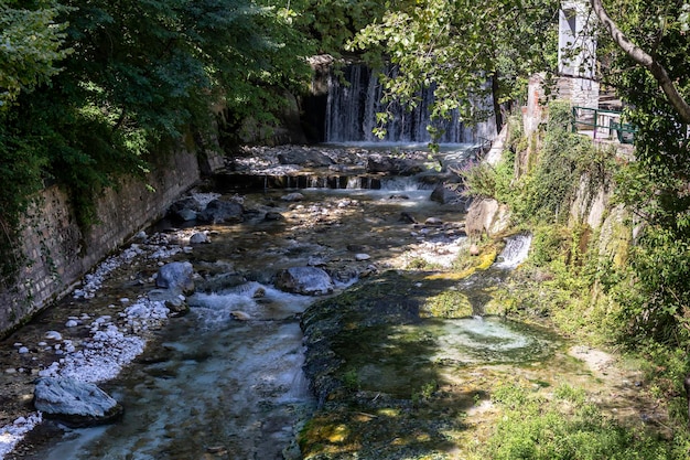 Cascada en el bosque en un día soleado de verano