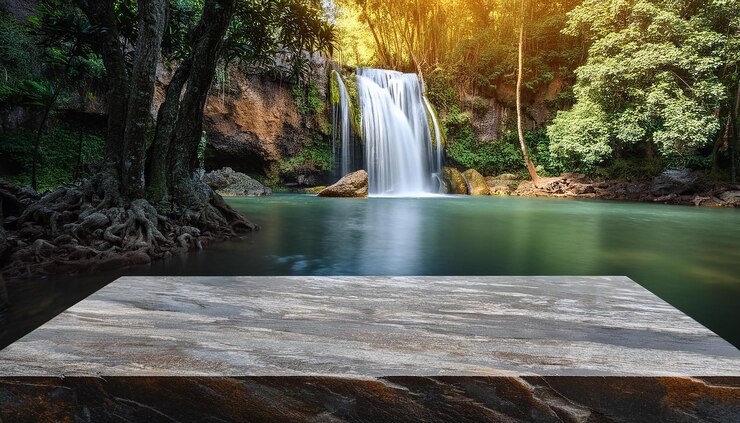 una cascada en el bosque está en el fondo