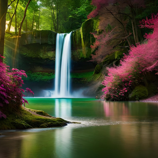 Una cascada en un bosque con flores rosas en primer plano