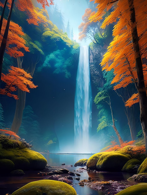 Una cascada en el bosque con un fondo azul y una cascada al fondo.
