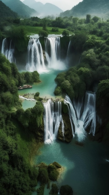 Una cascada en el bosque con un fondo azul.