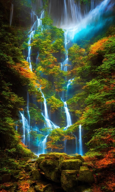 Una cascada en el bosque con un fondo verde.