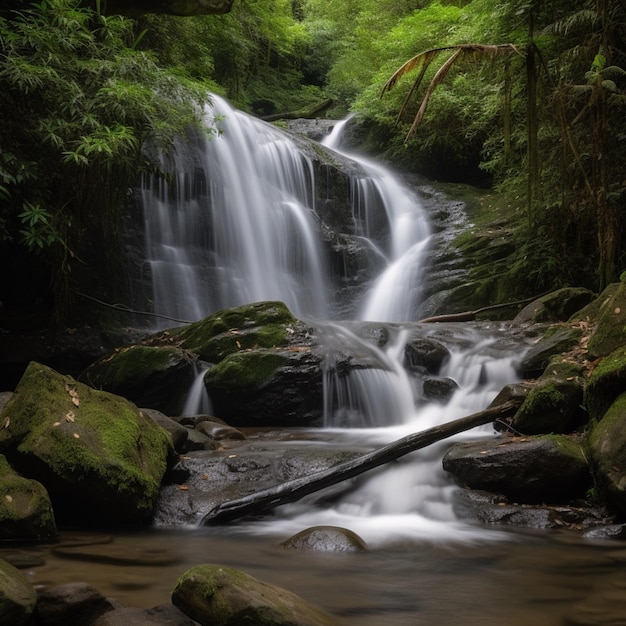 Una cascada en el bosque con un fondo verde