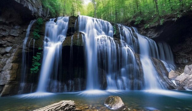 Una cascada en el bosque con un fondo verde