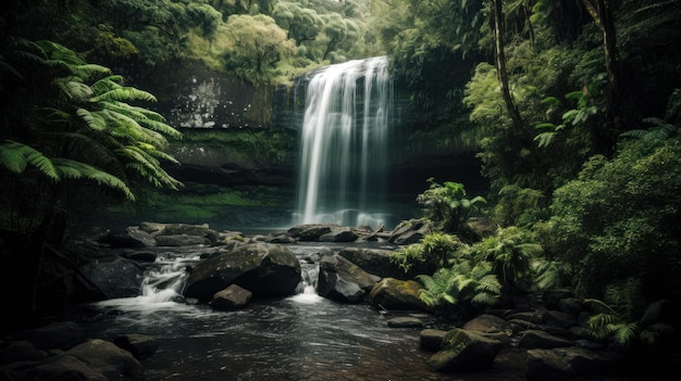 Una cascada en el bosque con un fondo verde.