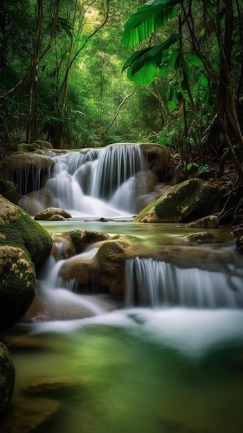 Una cascada en el bosque con un fondo verde