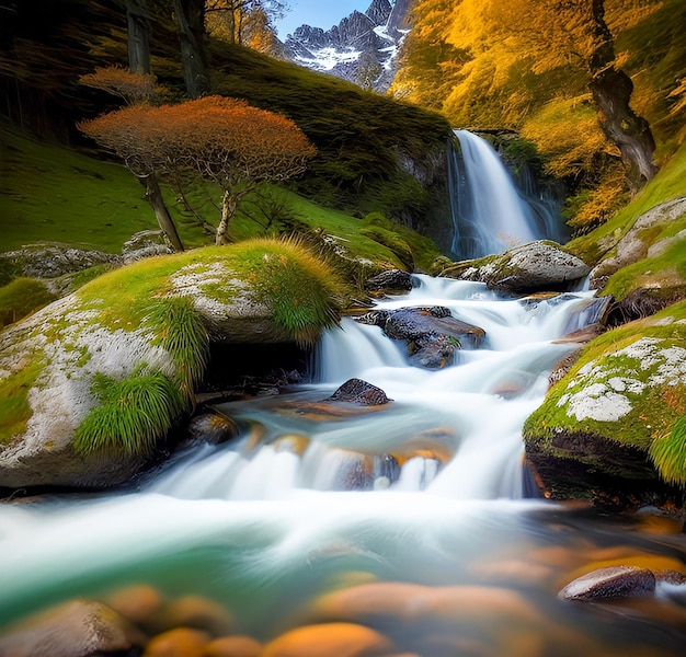 Una cascada en un bosque con una hoja amarilla en la parte inferior