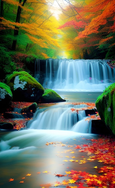 Una cascada en el bosque con una hoja verde en el fondo.