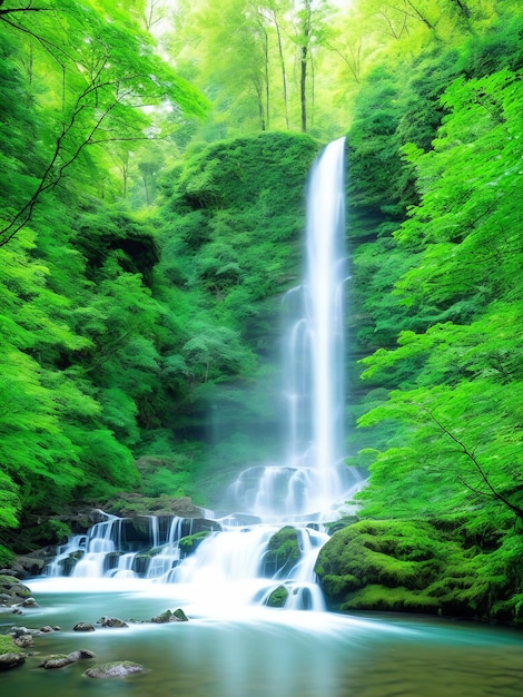 Una cascada en el bosque con hojas verdes.