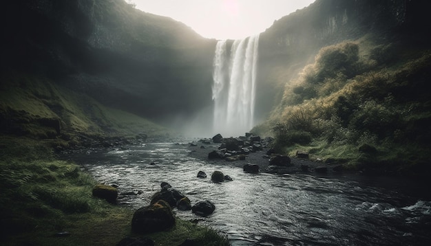 Una cascada en un bosque con una luz encendida