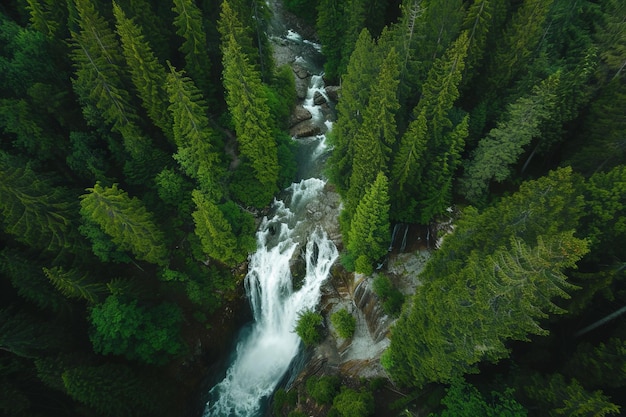 cascada del bosque en el medio del bosque vista superior superior