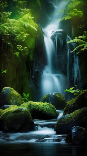 Una cascada en el bosque con musgo y plantas.