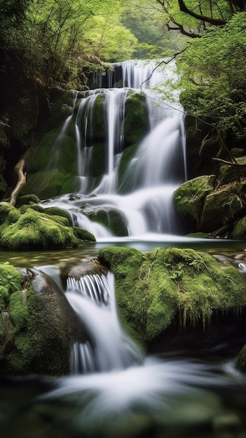 Una cascada en el bosque con musgo en las rocas