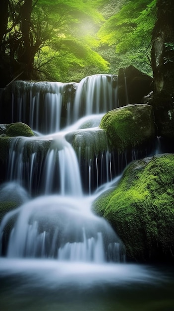 Una cascada en el bosque con musgo en las rocas