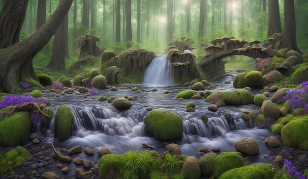 Una cascada en un bosque con musgo verde y rocas