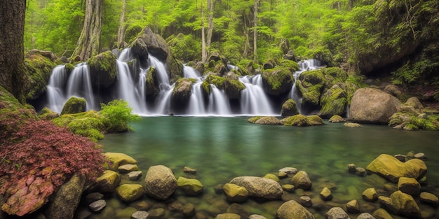 Una cascada en un bosque con musgo verde y rocas