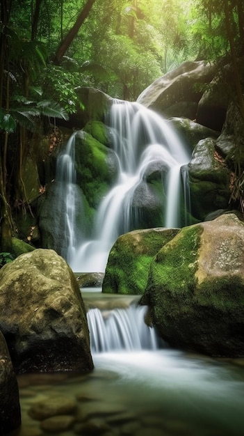 Una cascada en el bosque con musgo verde en las rocas