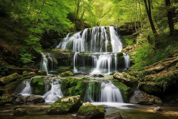 Una cascada en el bosque con musgo verde en las rocas