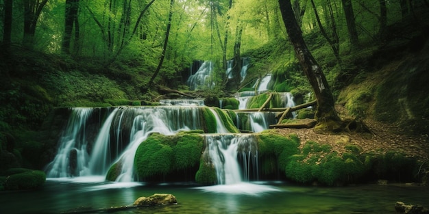 Una cascada en un bosque con musgo verde en las rocas