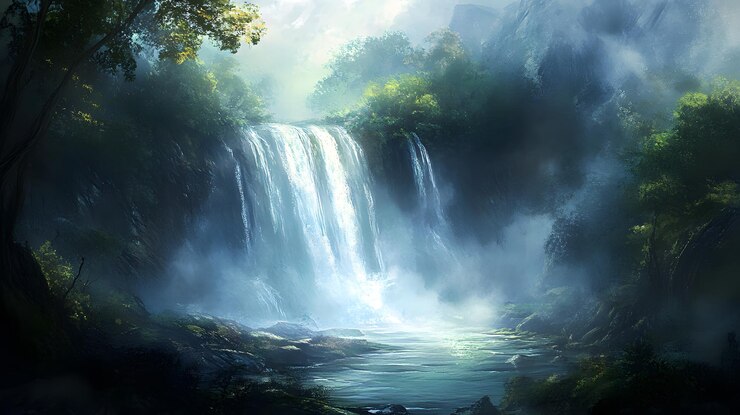 Una cascada en un bosque de niebla