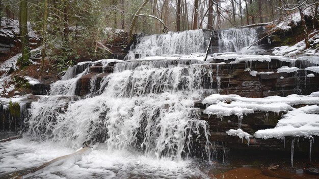 Foto una cascada en el bosque con nieve en ella