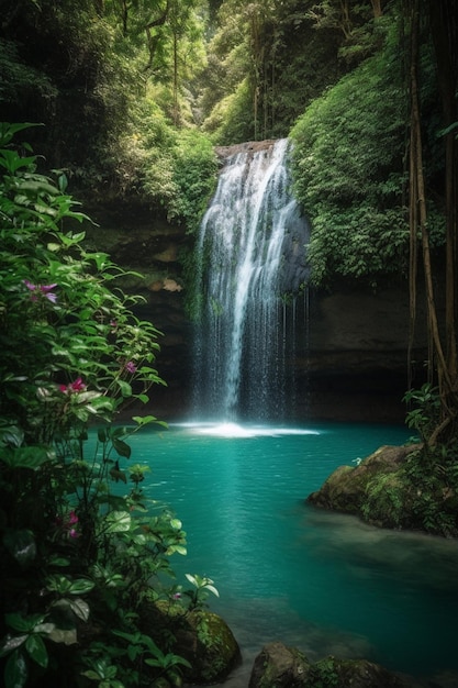 Una cascada en el bosque con una piscina azul en el medio.