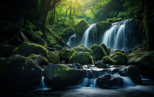 Cascada en un bosque profundo en la montaña