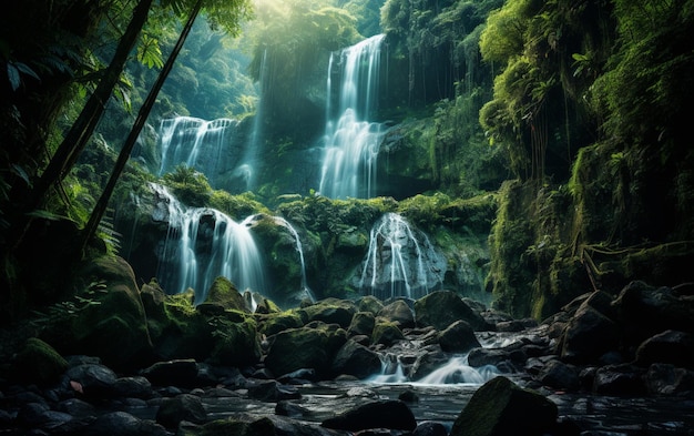 Cascada en un bosque profundo en la montaña