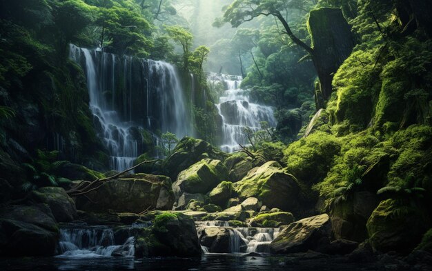 Cascada en un bosque profundo en la montaña