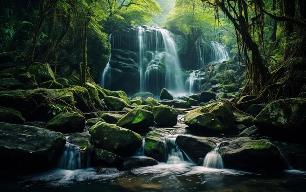 Cascada en un bosque profundo en la montaña